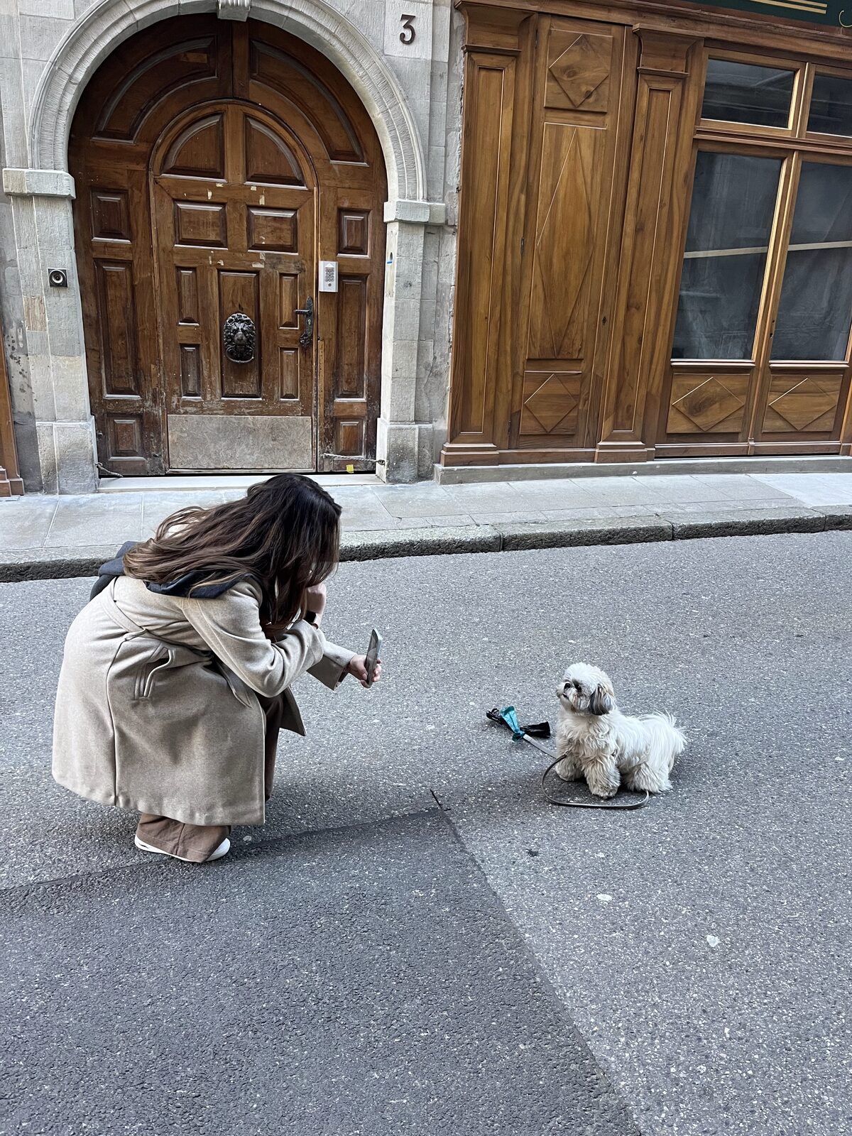 Pam photographing Daisy on a street in Geneva