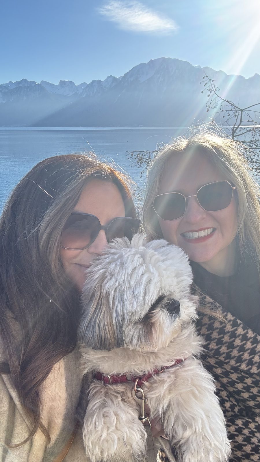 Pam, Auntie Cheryl and Daisy beside Lake Geneva in Montreux