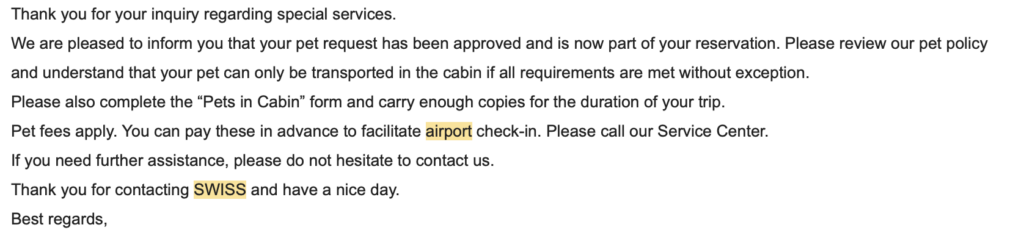 email approval pet in cabin for swiss airlines then denied