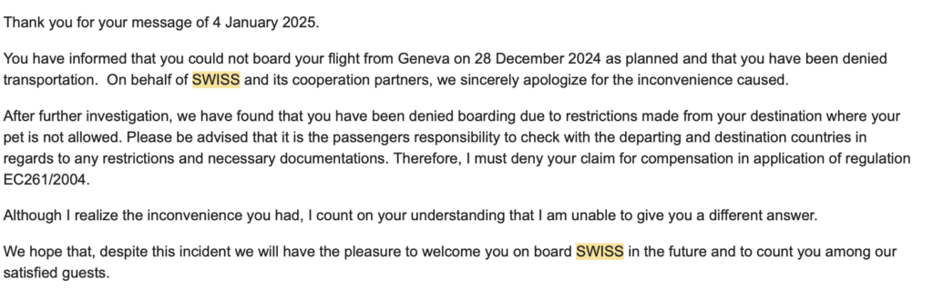 swiss airlines deny claim